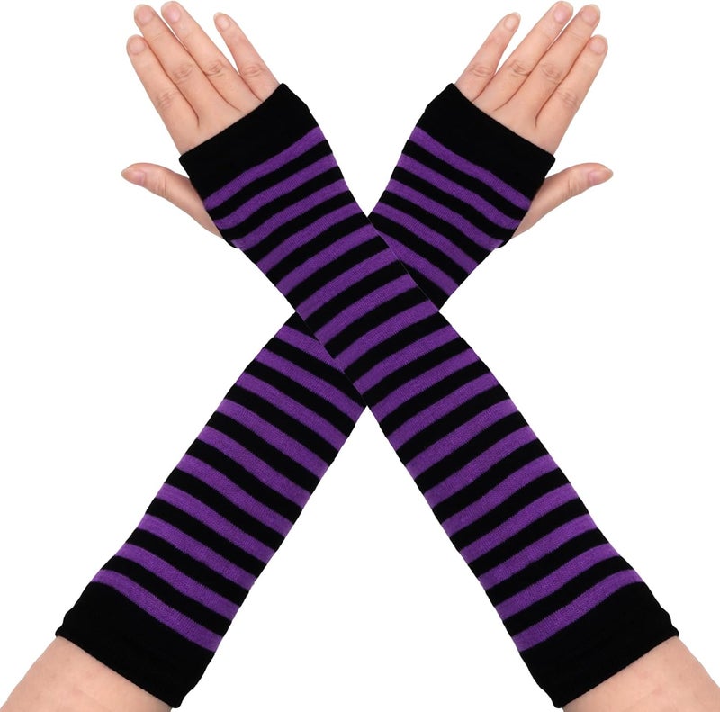 Tongcloud 1 Pair Womens Girls Punk Gothic Striped Knitted Arm Warmers Fingerless Gloves for Halloween Costume - Image 1